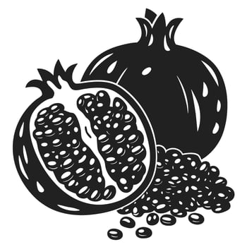 Fresh whole pomegranate with sliced half and seeds black silhouette fruit, healthy food concept, antioxidant nutrition illustration vector