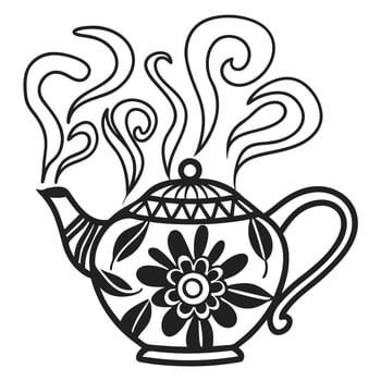 Ornate steaming teapot with floral pattern decorative drawing, elegant kitchen ware, hot drink, traditional tea preparation vector