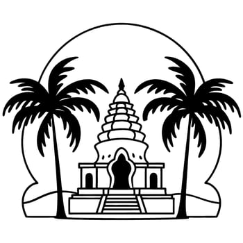 Temple landmark with tall palm trees on both sides sacred building, spiritual site, cultural heritage architecture icon vector