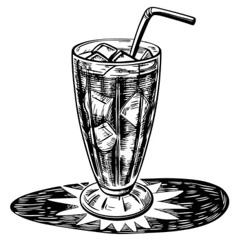 Iced refreshing beverage in a tall glass with a straw vintage hand drawn style, cold drink with ice cubes, summer refreshment vector