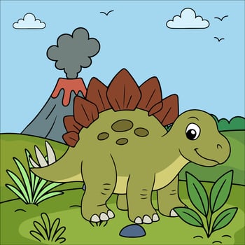 Cartoon dinosaur near volcano and plants vector