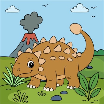 Cartoon dinosaur with volcano in background vector