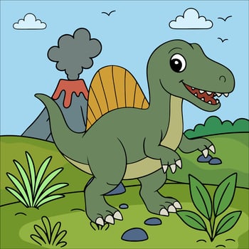 Cartoon dinosaur in a grassy scene vector