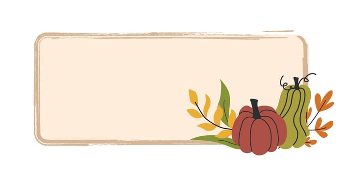 Autumn-themed rectangular frame with pumpkins, fall leaves, and a beige brushstroke border, ideal for seasonal invitations, labels, or Thanksgiving greeting cards. vector