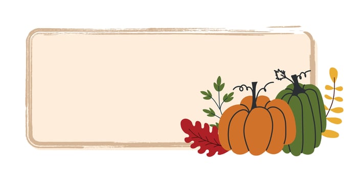 Horizontal fall label with orange and green pumpkins and colorful autumn leaves in hand drawn style vector
