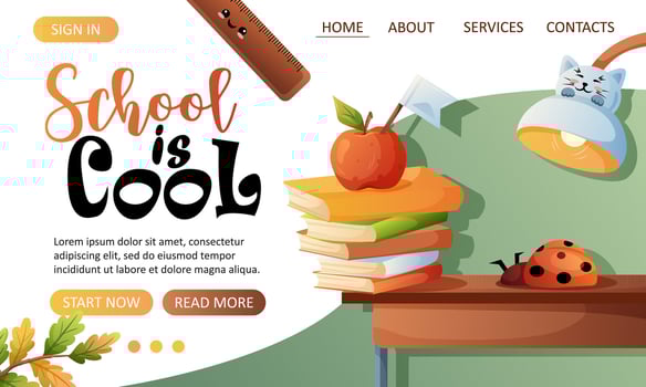 Back to school landing page template with books and apple vector