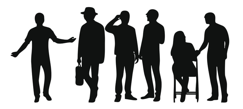 Diverse People Silhouettes in Various Poses collection Illustration. vector