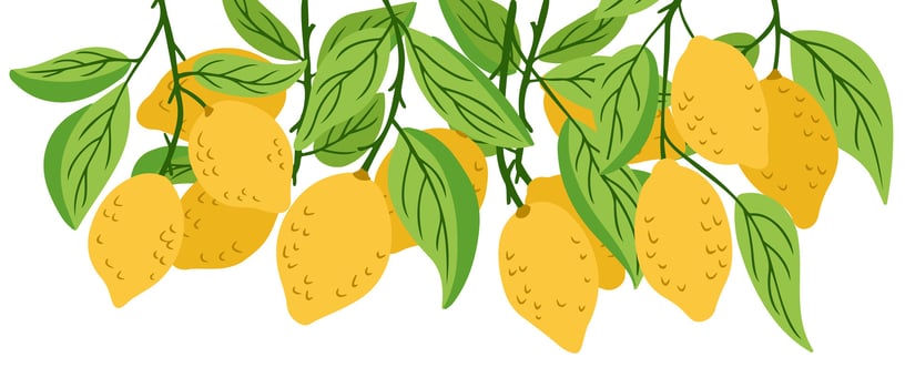 Fresh lemons hanging on branches with green leaves in a wide banner composition. Symbol of summer, freshness, and organic lifestyle vector