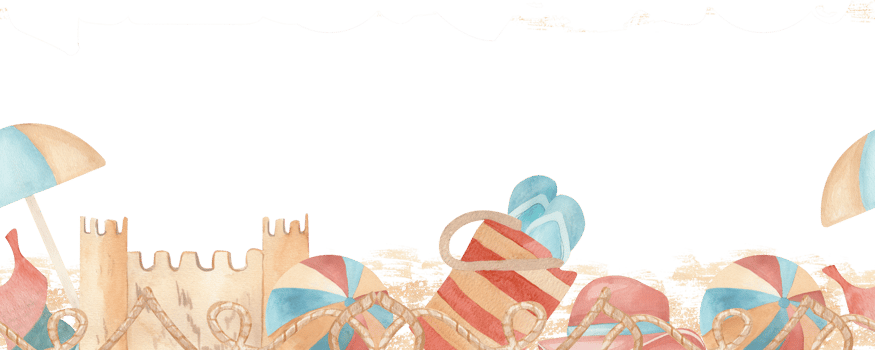 Horizontal pattern seamless border watercolor illustration with beach accessories, an umbrella from the sun and a sand castle. Hand drawn illustration. for summer cards, banners, seasonal promotions png