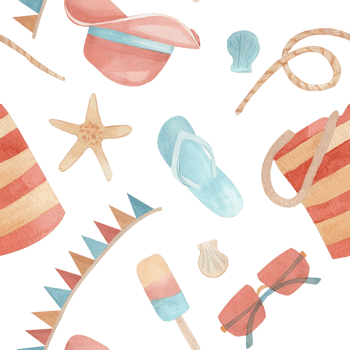Seamless summer pattern with beach accessories, beach clothes and starfish. Watercolor hand drawn composition isolated from the background. Ideal for, vacation promotions, fabric printing, packaging png