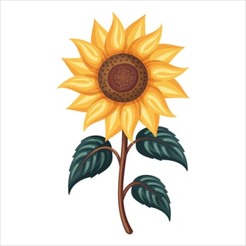 Sunflower with green leaf flower in detailed cartoon style. Bright yellow petal and round center in nature design. Great for garden card or book illustration. Perfect for harvest art and logo. vector