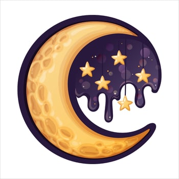 Moon with star in circle cartoon illustration. Yellow crescent with glowing stars on dark blue sky in dreamy bedtime style. Great for book cover or nursery design. Perfect for sweet kid card. vector