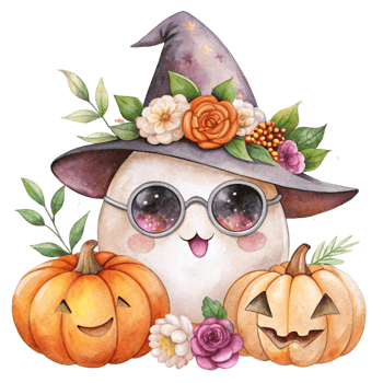 An illustration of a cute egg wearing a witch hat and holding pumpkins png
