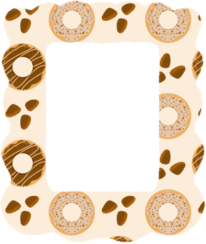 Delicious Assorted Brown Donuts and Almonds Themed Photo Frame with Light Beige Scalloped Border png