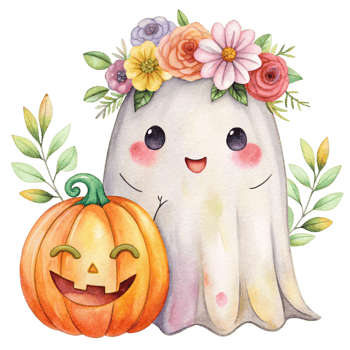 A cartoon ghost with flowers and pumpkins png