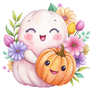 A cartoon pumpkin with flowers and flowers png