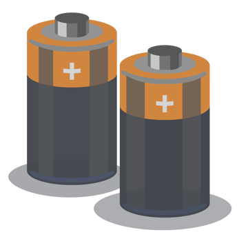 Two AA batteries, dark grey color with copper tops, displayed in simple and clean style. Ideal for themes related to energy, power supply, electronics, rechargeable devices, and household essentials. png