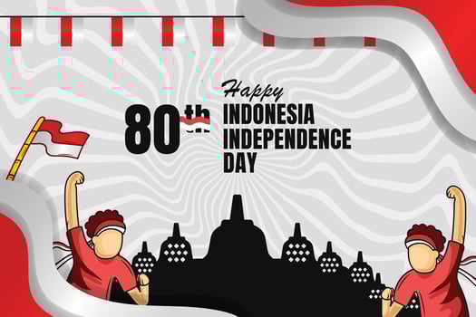 80th Indonesian Independence Day Banner with Wavy Flags and Temple. illustration. vector
