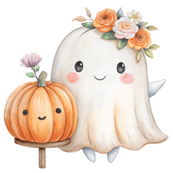 A cute ghost and pumpkin with flowers png