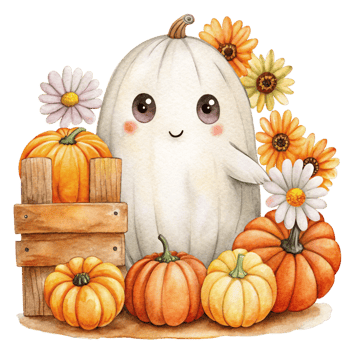 A cute ghost surrounded by pumpkins and flowers png