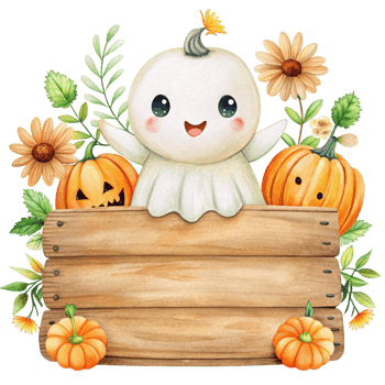 A cute ghost with flowers and pumpkins on a wooden sign png