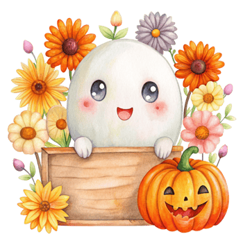 A cartoon pumpkin and flowers in a wooden box png