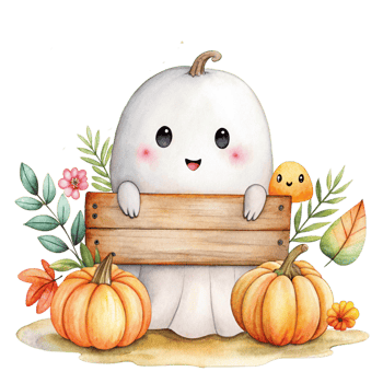 A cute ghost holding a wooden sign with pumpkins png
