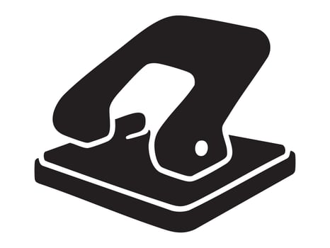 Black silhouette of office paper hole puncher isolated on white background, graphic illustration. Concept of stationery tool, document organizer, desk equipment, office supplies, design element vector