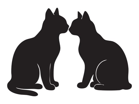 Black silhouette of two cats sitting face-to-face, isolated on white background. concept of pet, cute kitten, feline interaction, domestic animal, icon, logo, design element vector