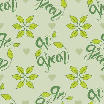 Seamless pattern with go green lettering and leaves. vector
