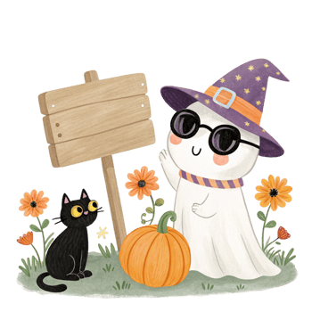 A cute ghost with a sign and pumpkin png