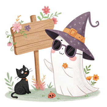A cartoon ghost with sunglasses and a sign png