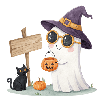 A cartoon ghost holding a pumpkin and a sign png
