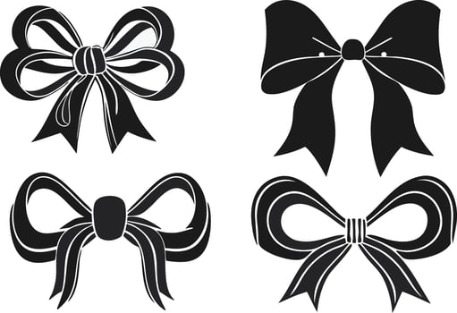Four black bow illustrations with textured edges vector