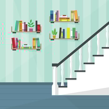 Stylish staircase and colorful bookshelves. vector