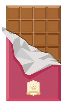Milk chocolate bar, half unwrapped to reveal the chocolate squares, with a golden emblem featuring a hand-drawn crown on the wrapper. The design conveys a sense of premium quality and indulgence. vector