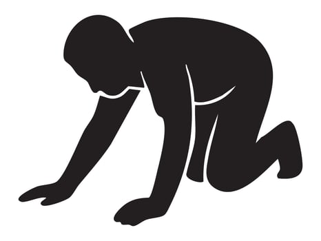Black silhouette of person kneeling on the ground, isolated on white background. concept of human, pose, silhouette, meditation, yoga, silhouette art, design element vector