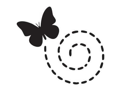 Black silhouette of butterfly with dotted flight path isolated on white background. concept of nature, insect, flight, beauty, icon, design element, minimalist art vector