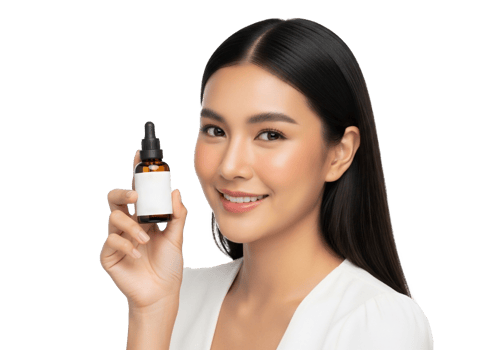 A woman holding a bottle of vitamin c serum png