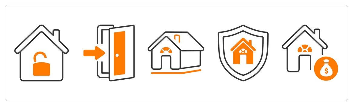 A set of 5 mix icons as open house, house entrance, rural house in orange color vector