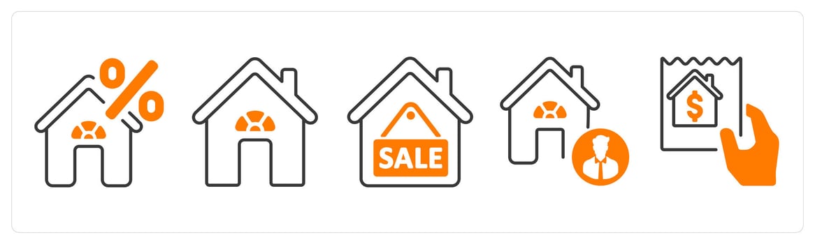 A set of 5 mix icons as interest, home, house for sale in orange color vector