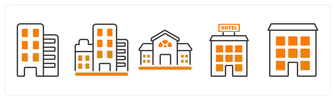 A set of 5 mix icons as flats, building, mansion in orange color vector