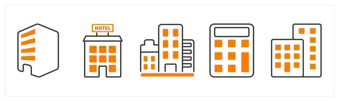 A set of 5 mix icons as building, home, building in orange color vector