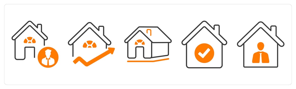 A set of 5 mix icons as realtor, house value, rural house in orange color vector