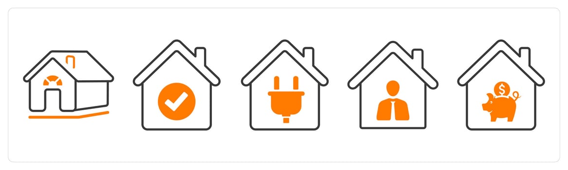 A set of 5 mix icons as rural house, true house, domestic electricity in orange color vector