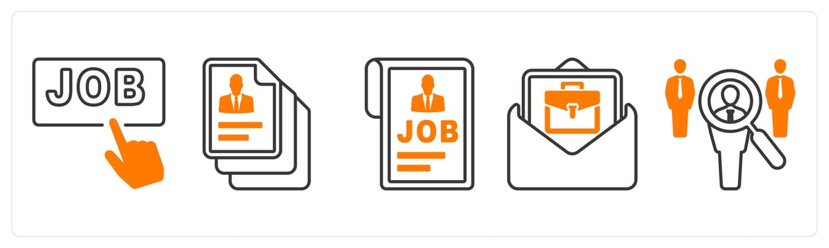 A set of 5 mix icons as search job, resume, job profile in orange color vector