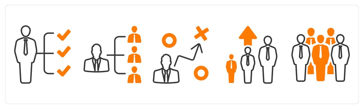 A set of 5 mix icons as skills, responsibilities, strategy in orange color vector