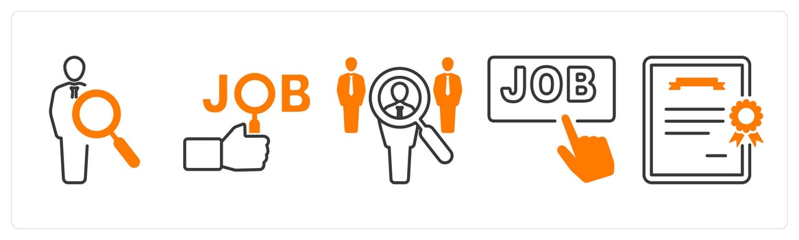 A set of 5 mix icons as search employee, search job, job hunt in orange color vector