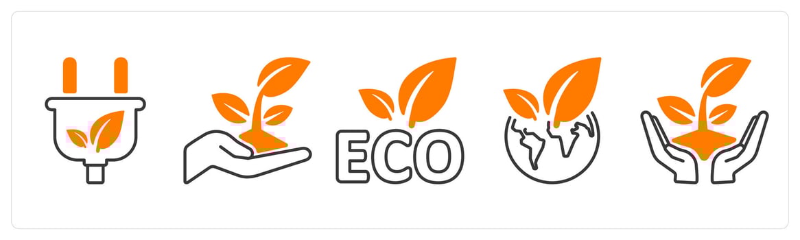 A set of 5 mix icons as green energy, plant, eco in orange color vector
