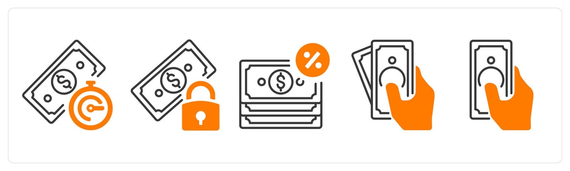 A set of 5 mix icons as loan term, secured loan, loan in orange color vector